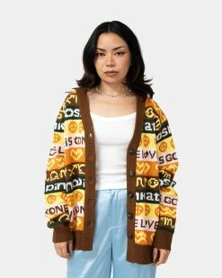 Atmos Pink Handwritten Style Jacquard Knit Cardigan (Brown)